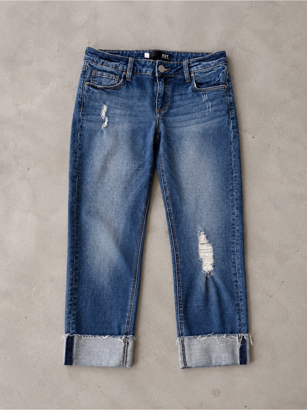 KUT From the Kloth Catherine Boyfriend Jeans Distressed Raw Cuff Size 6
